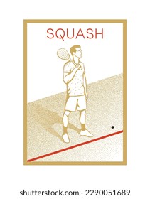 Squash tournament poster. Tennis player with racket and ball in red colors. Sport equipment. Illustration for sports competitions, tennis championship. Modern illustration for poster, card, cover.