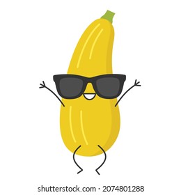 Squash zucchini saltando sobre caricatura lindo personaje sonriente cara alegre médula vegetal alegre emociones de calabacín icono ilustración vectorial.