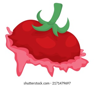 Squashed Tomato With Sepal And Pedicel Over Red Juice, Isolated Over White Background.