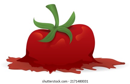 Squashed Tomato With Stem On, Spilling Its Juice, Isolated Over White Background.