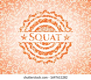 Squat abstract emblem, orange mosaic background