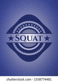 Squat badge with denim background. Vector Illustration. Detailed.