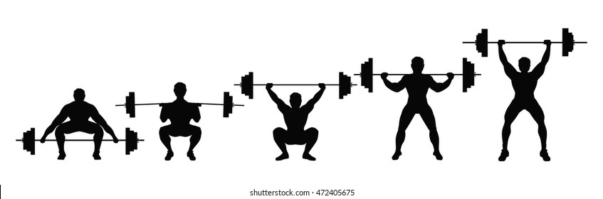 Squat with barbell. Process of squat with heavy barbell. Weightlifting, bodybuilding.