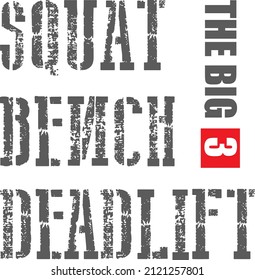 Squat Bench Deadlift. Gym Fitness motivational quote with grunge effect. Workout inspirational Poster. Vector design for gym, textile, posters, t-shirt.