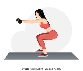 Squat exercise. side view of young beautiful woman in sportswear doing squat exercises and holding dumbbell at gym.