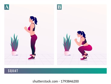 SQUAT exercise, Woman workout fitness, aerobic and exercises. Vector Illustration.