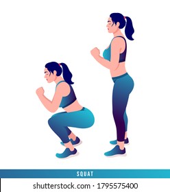 SQUAT exercise, Woman workout fitness, aerobic and exercises. Vector Illustration.