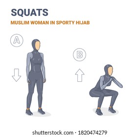 Squat Weibliche Übungsleitung Silhouetten. Die Besetzung der athletischen muslimischen Girl Illustration eine junge Frau in Sporty Hijab und Sneakers macht das Training für den Gewichtsverlust.