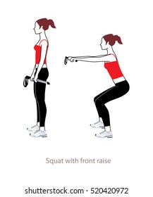Squat with front raise exercise. Woman doing squat with the sticks in her hand. vector illustration