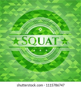 Squat green emblem with mosaic background