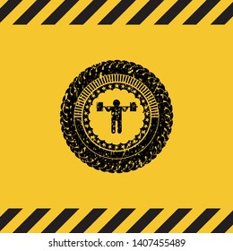 squat icon black grunge emblem inside yellow warning sign. Vector Illustration. Detailed.