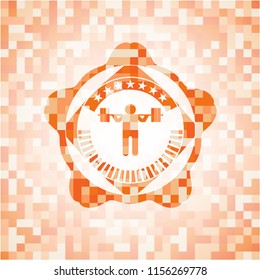 squat icon inside abstract emblem, orange mosaic background