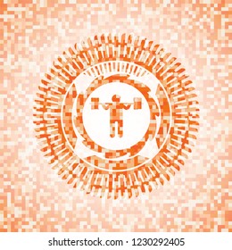 squat icon inside abstract orange mosaic emblem