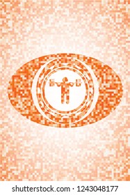 squat icon inside abstract orange mosaic emblem