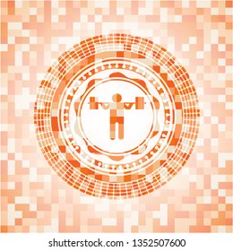 squat icon inside abstract orange mosaic emblem