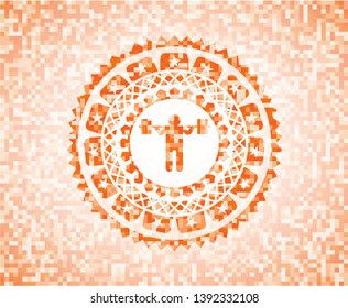 squat icon inside abstract orange mosaic emblem