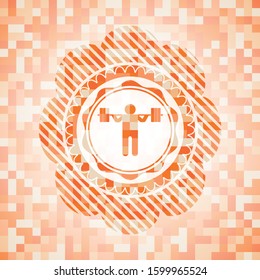 squat icon inside abstract orange mosaic emblem with background