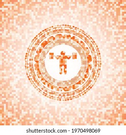 Squat Icon Inside Abstract Orange Mosaic Emblem. 