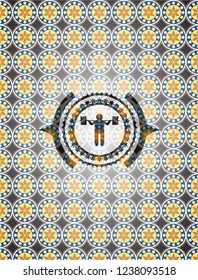 squat icon inside arabesque emblem background. arabic decoration.