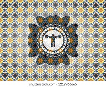 squat icon inside arabic badge background. Arabesque decoration.