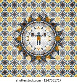 squat icon inside arabic badge background. Arabesque decoration.