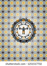squat icon inside arabic badge. Arabesque decoration.