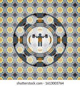 squat icon inside arabic badge background. Arabesque decoration.