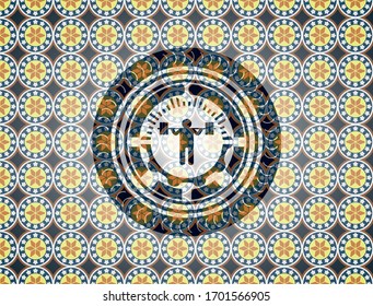 squat icon inside arabic badge. Arabesque decoration.