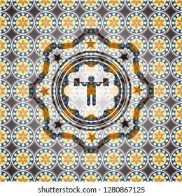 squat icon inside arabic emblem background. Arabesque decoration.