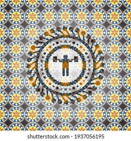 squat icon inside arabic emblem background. Arabesque decoration. 
