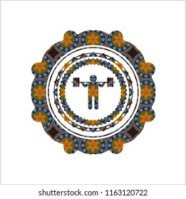 squat icon inside arabic style emblem. Arabesque decoration.