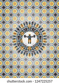 squat icon inside arabic style badge. Arabesque decoration.