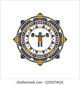 squat icon inside arabic style badge. Arabesque decoration.