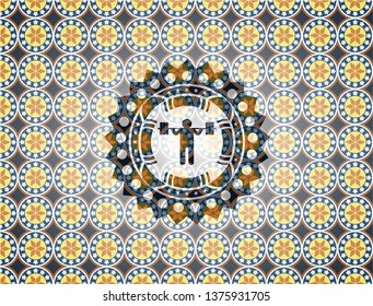 squat icon inside arabic style badge. Arabesque decoration.