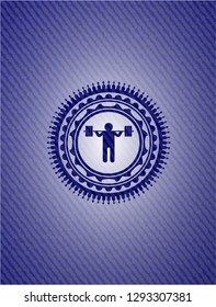 squat icon inside badge with denim texture