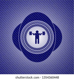 squat icon inside badge with denim texture