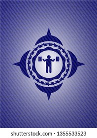 squat icon inside badge with denim texture
