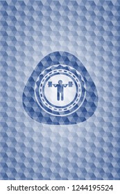 squat icon inside blue badge with geometric pattern background.