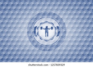 squat icon inside blue badge with geometric pattern.