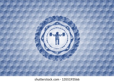 squat icon inside blue badge with geometric pattern background.