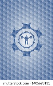 squat icon inside blue badge with geometric pattern background.