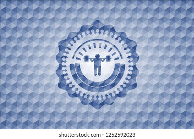 squat icon inside blue emblem or badge with abstract geometric polygonal pattern background.