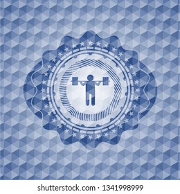 squat icon inside blue emblem with geometric background.