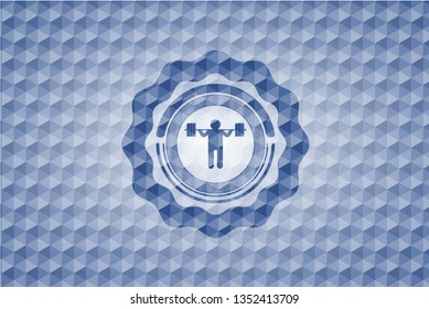 squat icon inside blue emblem or badge with geometric pattern background.