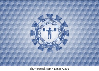 squat icon inside blue emblem with geometric pattern background.