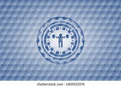 squat icon inside blue emblem with geometric pattern background.