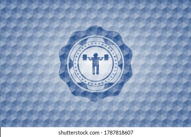 squat icon inside blue hexagon emblem. 