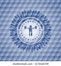 squat icon inside blue polygonal emblem.