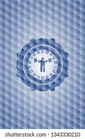 squat icon inside blue polygonal emblem.