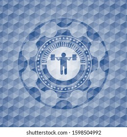 squat icon inside blue polygonal badge.